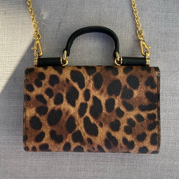 DOLCE GABBANA Dauphine Leopard Print Mini Miss Sicily Chain Wallet Brown Black - Picture 6 of 11